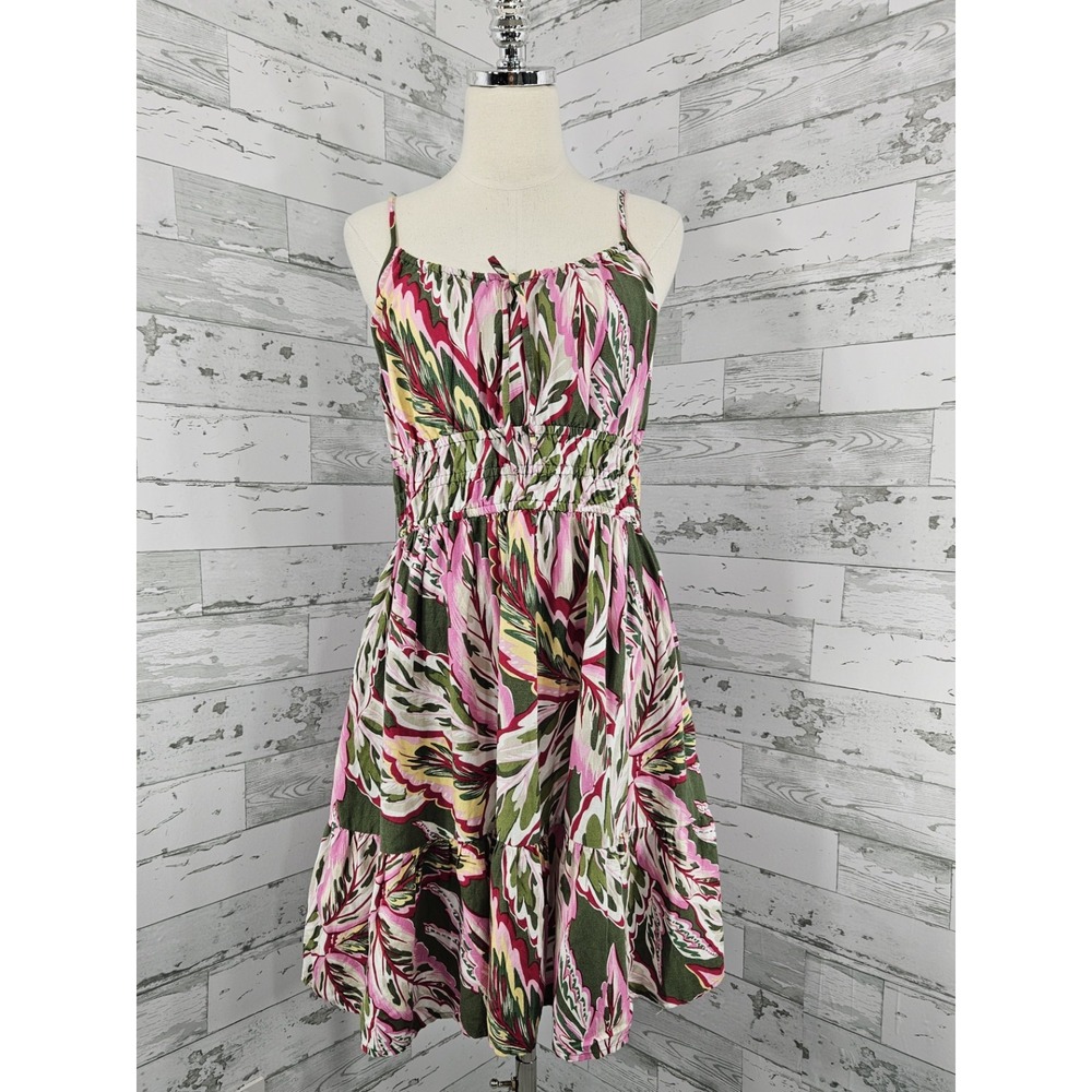 Loft Beach Tropical Leaf Print Smocked Waist Linen Blend Sun Dress Green Pink S